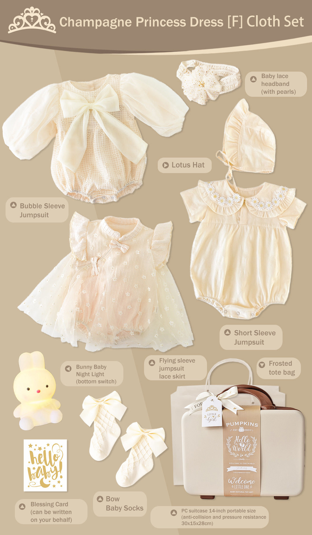 Robe de princesse Champagne, coffret cadeau pour nouveau-né, ensemble de vêtements pour bébé de 0 à 18 mois