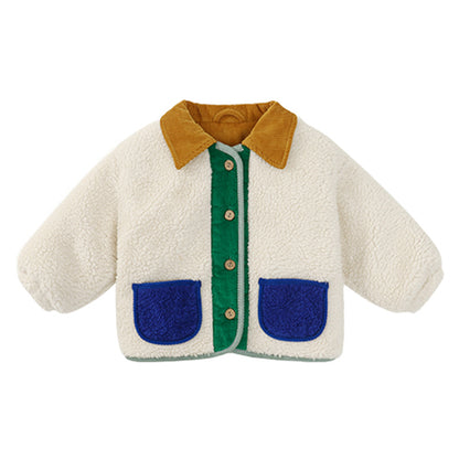 Corduroy Patchwork Thickened Warm Color-Block Polo Cardigan Coat