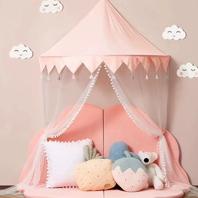 Decoration Wall-Mounted Tent Bedside Canopy Playroom Reading Corner Canopy with Pom Pom, Chiffon, Gauze, Tassels