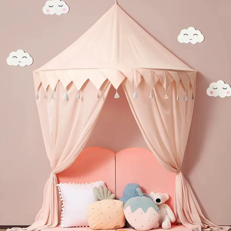 Decoration Wall-Mounted Tent Bedside Canopy Playroom Reading Corner Canopy with Pom Pom, Chiffon, Gauze, Tassels