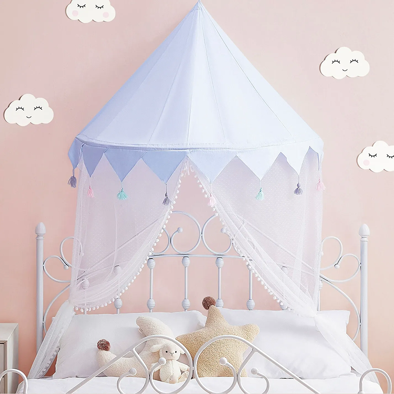 Decoration Wall-Mounted Tent Bedside Canopy Playroom Reading Corner Canopy with Pom Pom, Chiffon, Gauze, Tassels