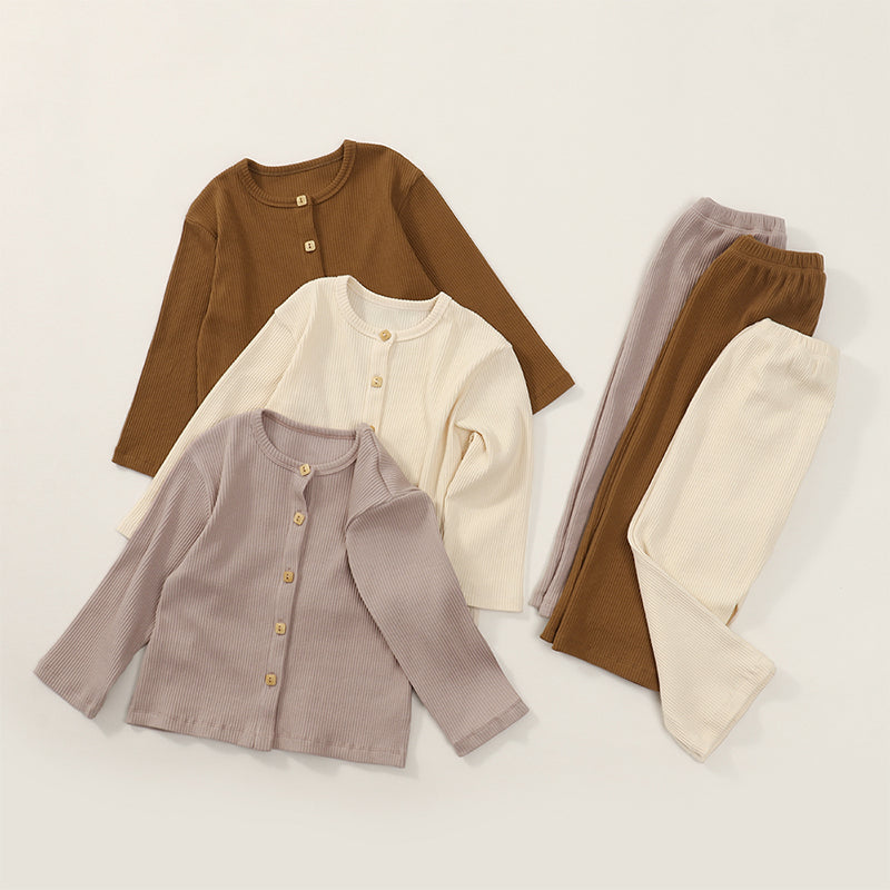Cardigan nordique à manches longues et pantalon droit pour bébé et enfant, costumes 2 pièces de couleur unie