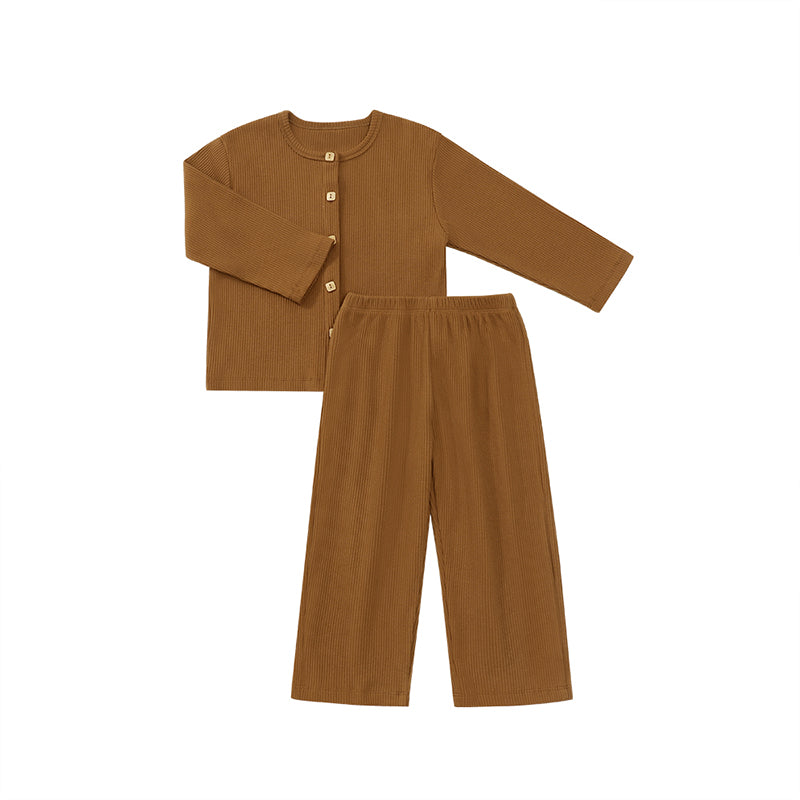 Cardigan nordique à manches longues et pantalon droit pour bébé et enfant, costumes 2 pièces de couleur unie