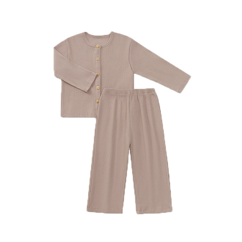 Cardigan nordique à manches longues et pantalon droit pour bébé et enfant, costumes 2 pièces de couleur unie
