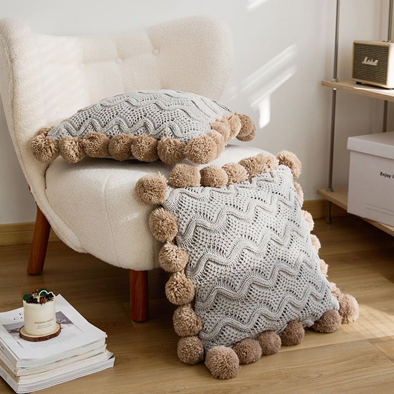 Couverture et taie d'oreiller tricotées à pompons moelleux et pompons - Fantas