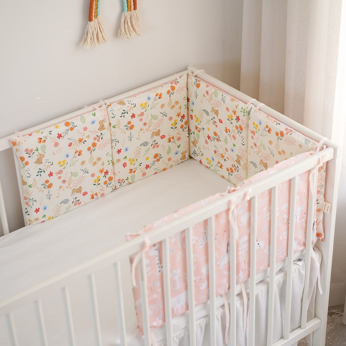 11.8 Inches 3D Cotton Fulfill Gauze A/B Side 3cm Thick with Ties For Crib - Rabbit Flower and Pink Animals