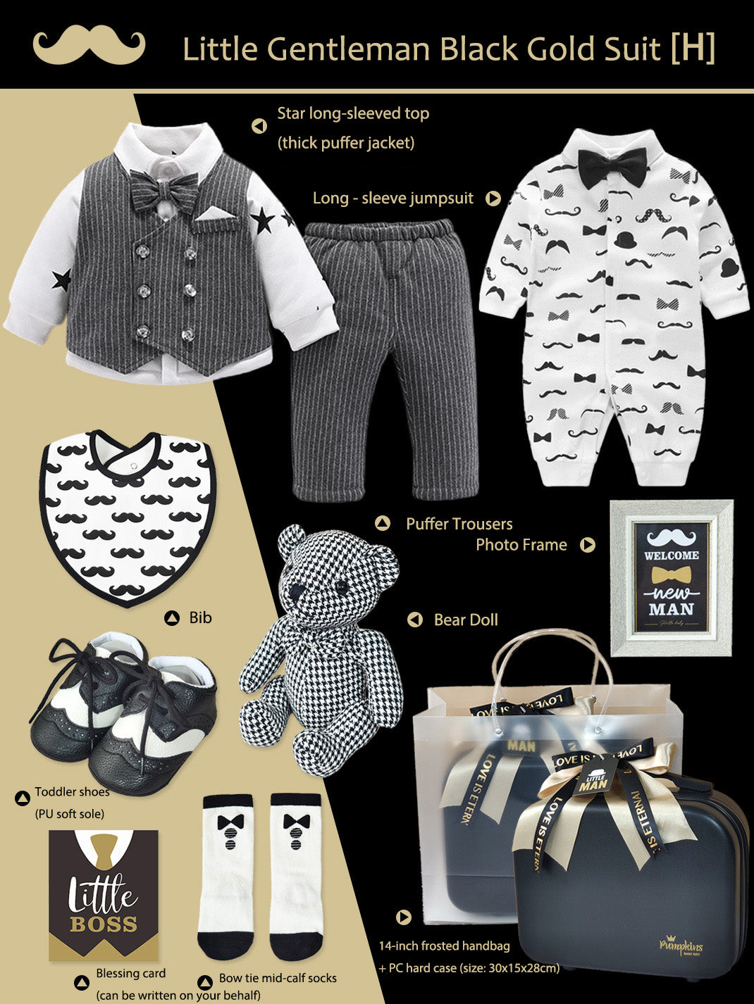 Black Gold Gentleman Suits Newborn Gift Box 0-18M Baby Cloth Set