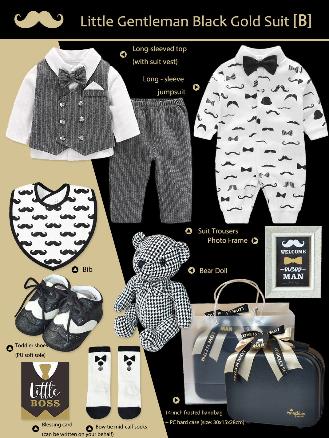 Black Gold Gentleman Suits Newborn Gift Box 0-18M Baby Cloth Set