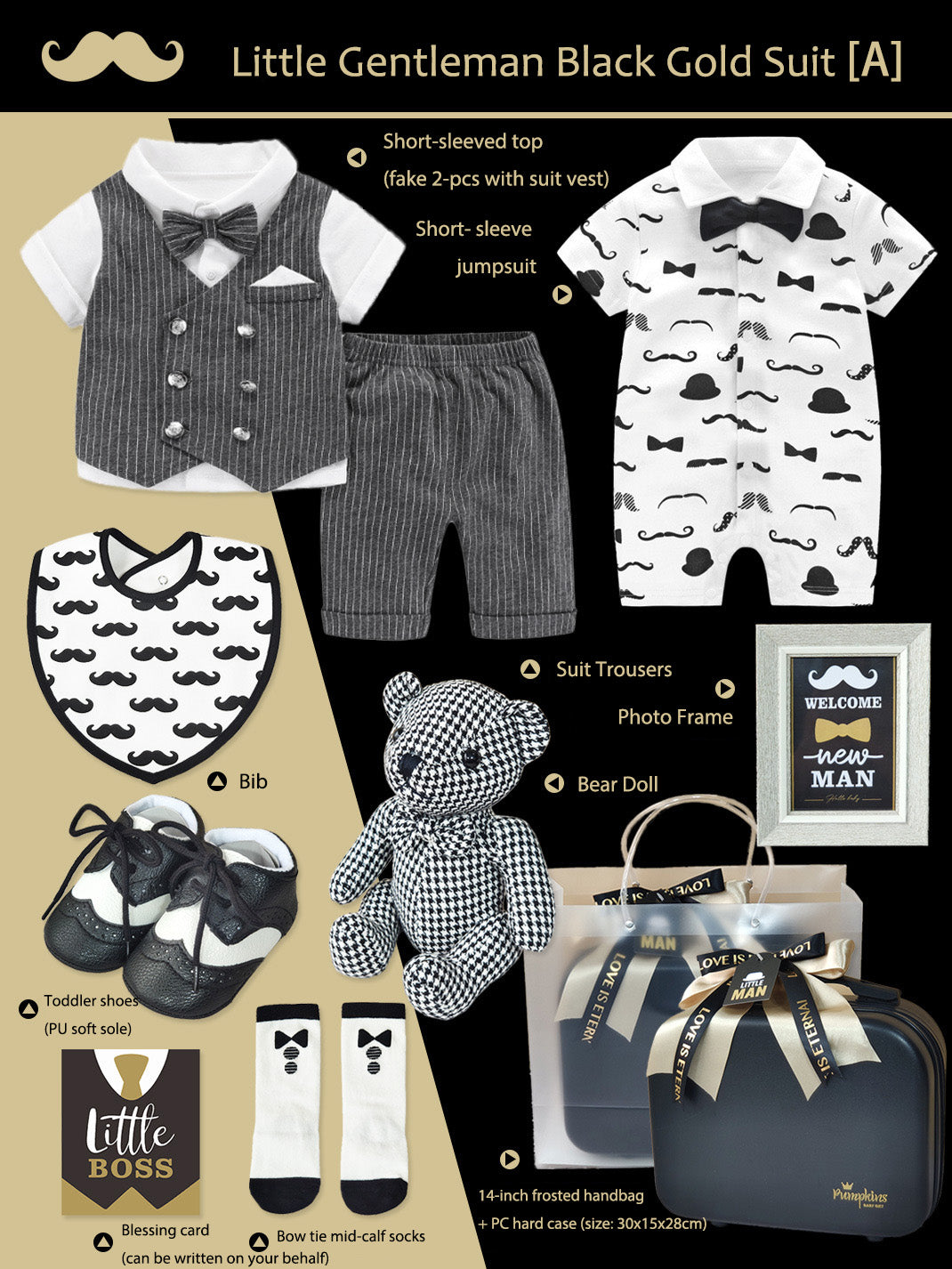 Black Gold Gentleman Suits Newborn Gift Box 0-18M Baby Cloth Set