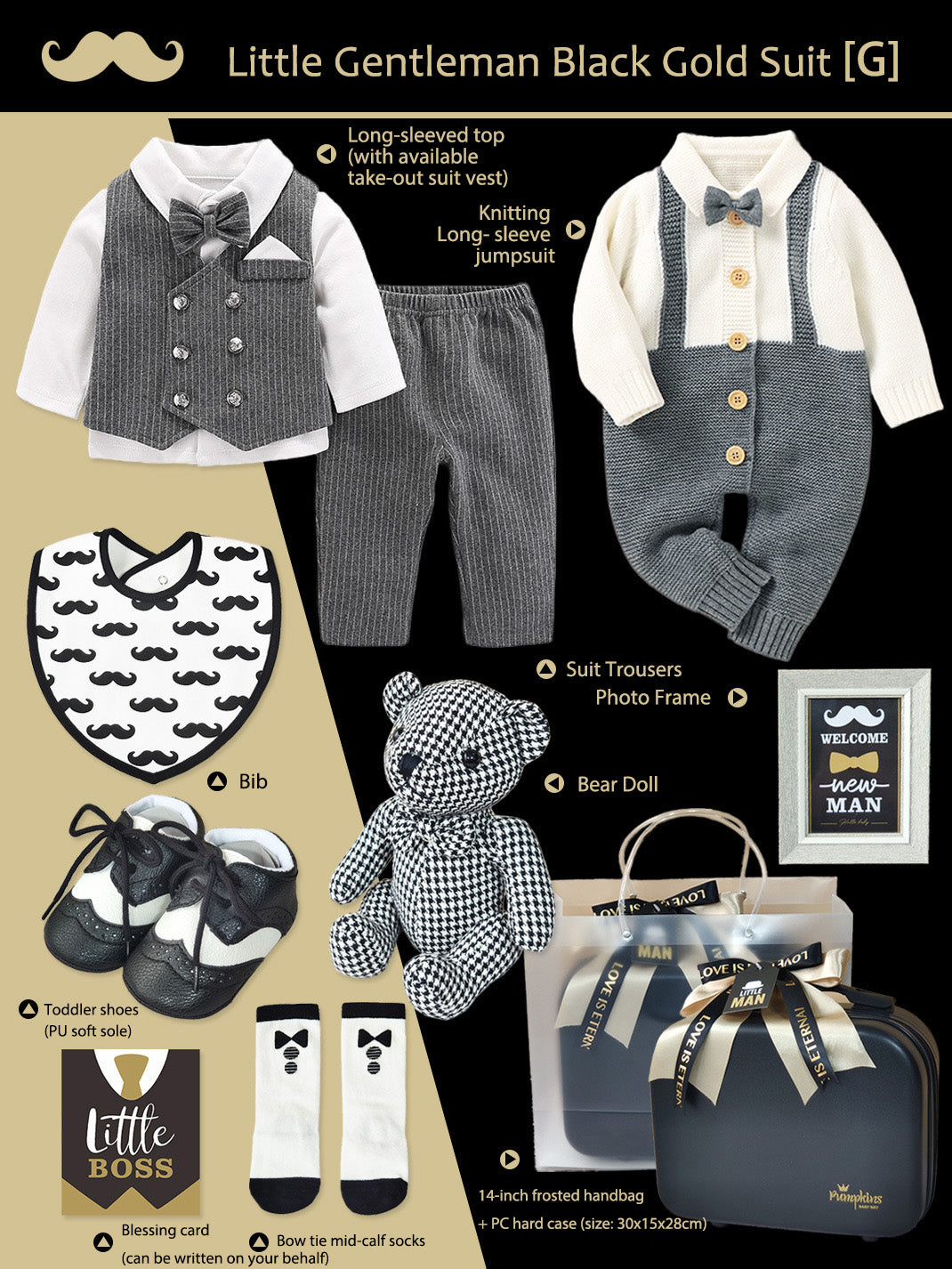 Black Gold Gentleman Suits Newborn Gift Box 0-18M Baby Cloth Set