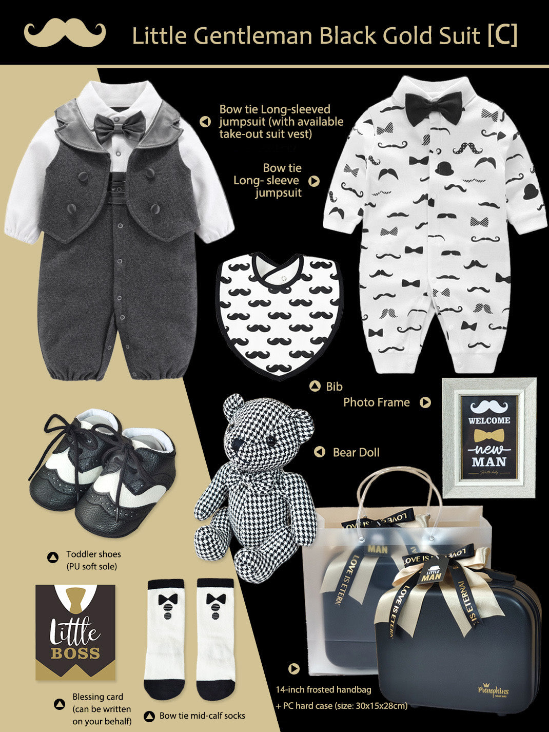 Black Gold Gentleman Suits Newborn Gift Box 0-18M Baby Cloth Set