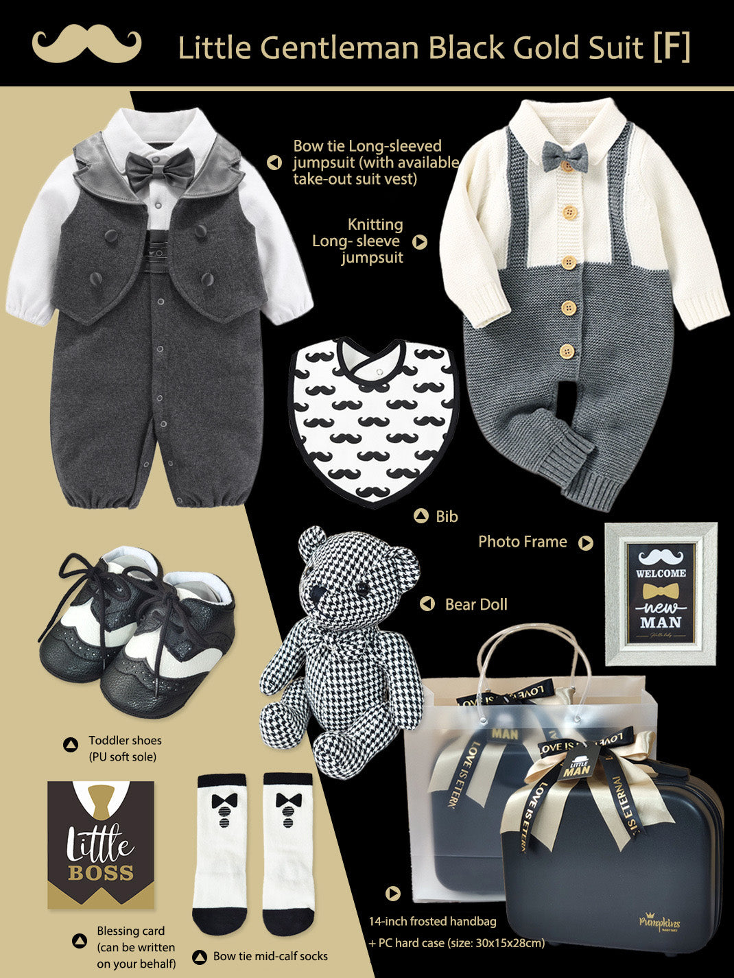 Black Gold Gentleman Suits Newborn Gift Box 0-18M Baby Cloth Set