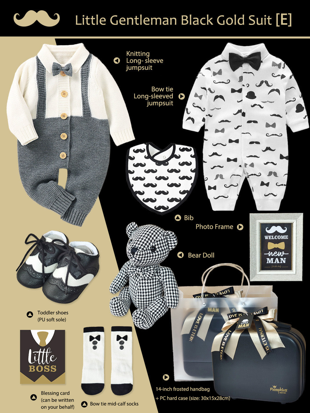 Black Gold Gentleman Suits Newborn Gift Box 0-18M Baby Cloth Set