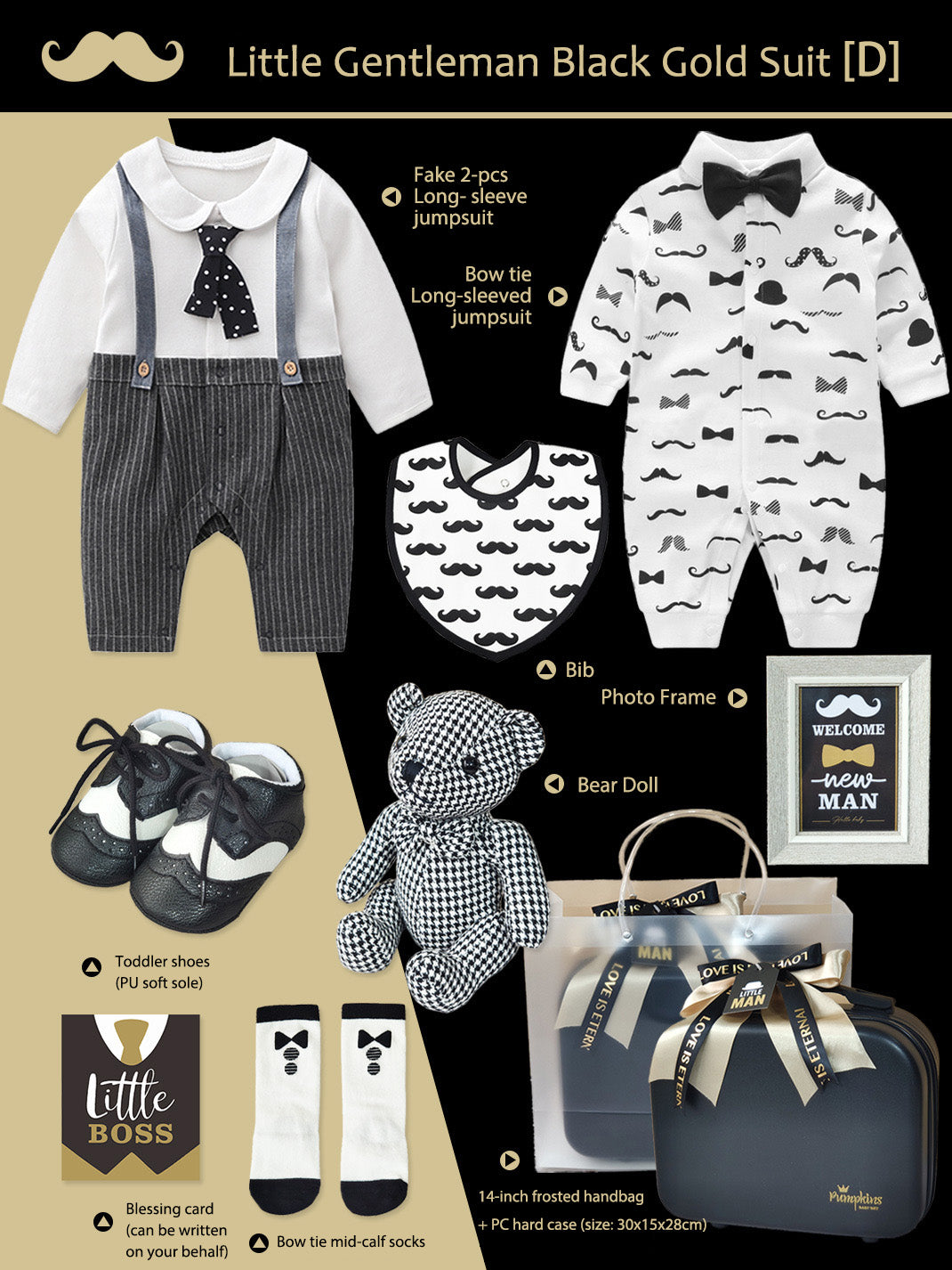 Black Gold Gentleman Suits Newborn Gift Box 0-18M Baby Cloth Set