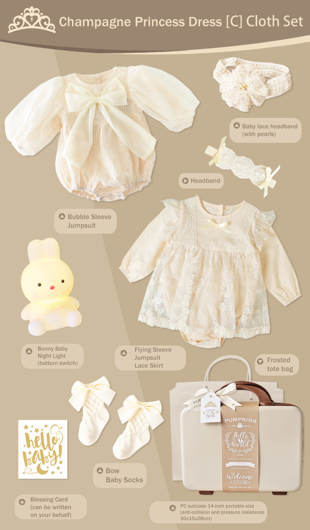 Champagne Princess Dress Newborn Gift Box 0-18M Baby Cloth Set