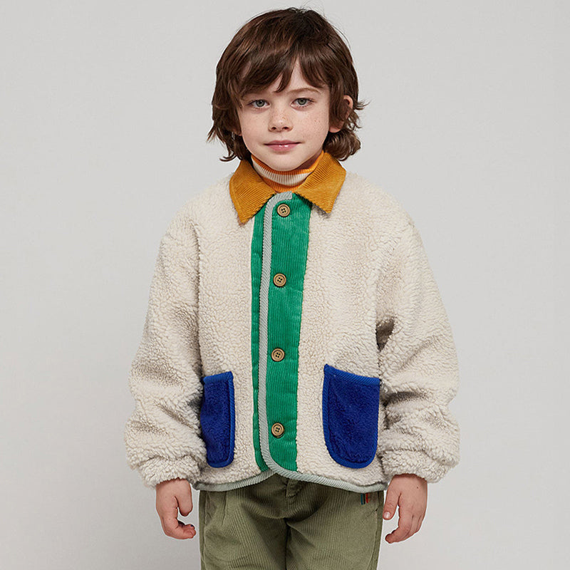 Baby and Child Corduroy Patchwork Thickened Warm Color-Block Polo Cardigan Coat for Autumn Winter Outerwear