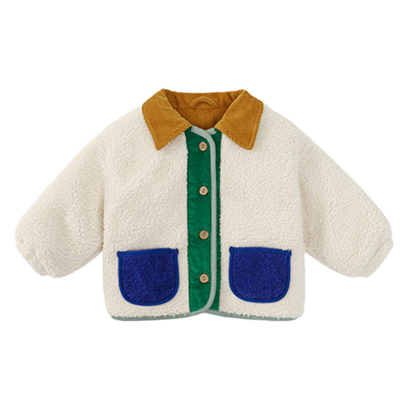 Baby and Child Corduroy Patchwork Thickened Warm Color-Block Polo Cardigan Coat for Autumn Winter Outerwear