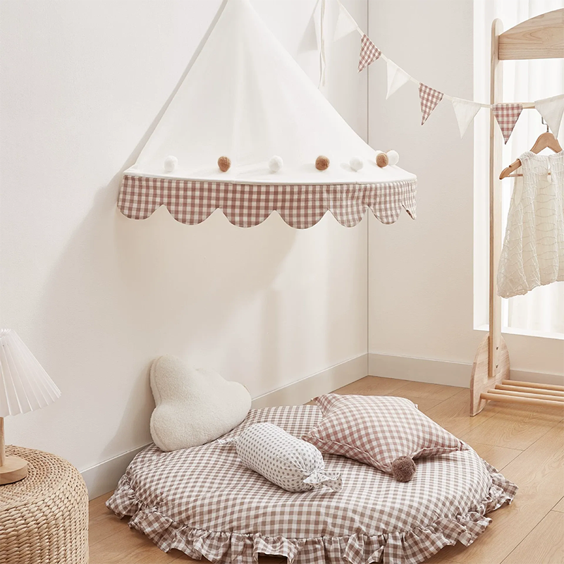Decoration Wall-Mounted Tent Bedside Canopy Playroom Reading Corner Canopy with Pom Pom, Chiffon, Gauze, Tassels