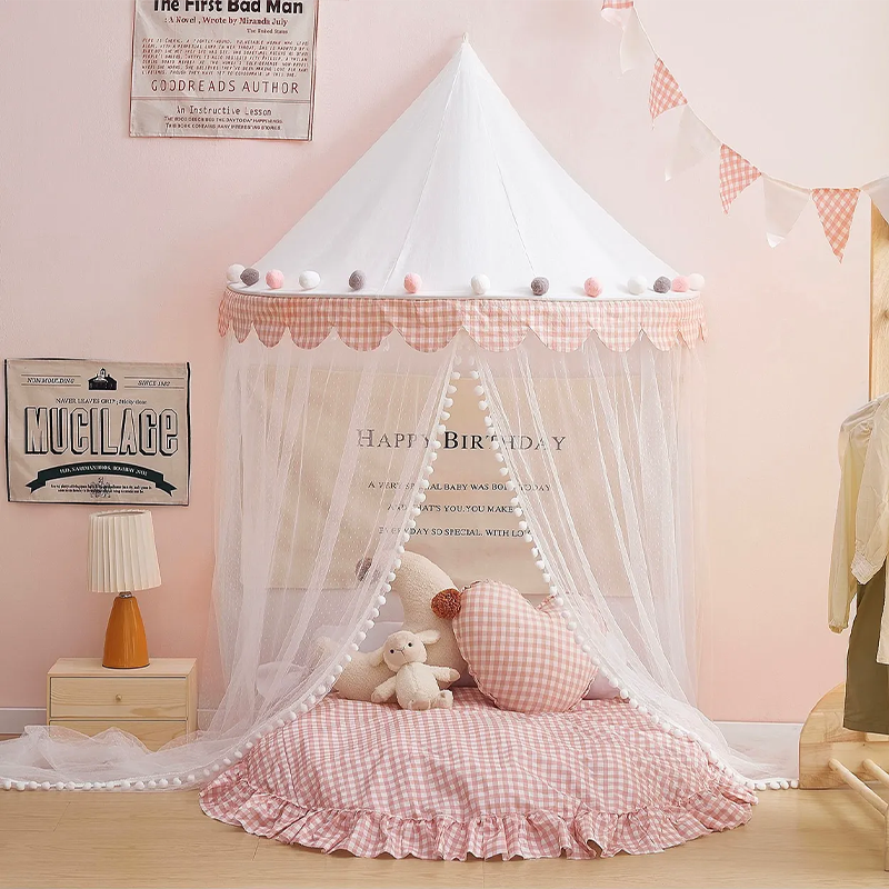 Decoration Wall-Mounted Tent Bedside Canopy Playroom Reading Corner Canopy with Pom Pom, Chiffon, Gauze, Tassels
