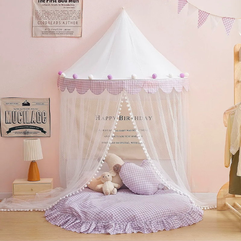 Decoration Wall-Mounted Tent Bedside Canopy Playroom Reading Corner Canopy with Pom Pom, Chiffon, Gauze, Tassels