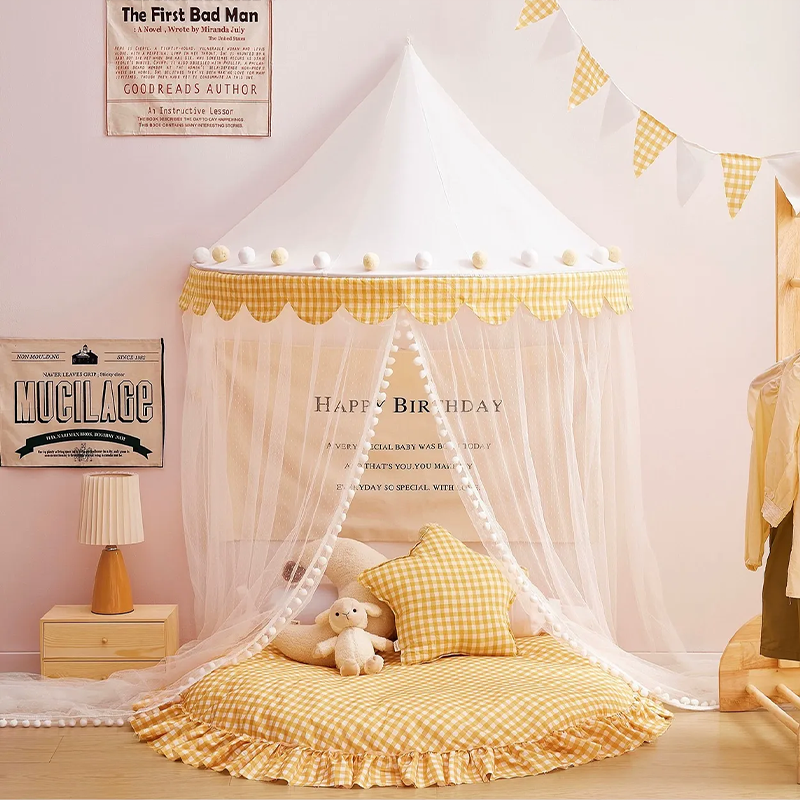 Decoration Wall-Mounted Tent Bedside Canopy Playroom Reading Corner Canopy with Pom Pom, Chiffon, Gauze, Tassels