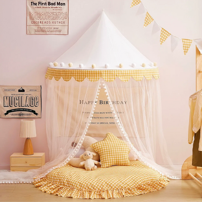 Decoration Wall-Mounted Tent Bedside Canopy Playroom Reading Corner Canopy with Pom Pom, Chiffon, Gauze, Tassels