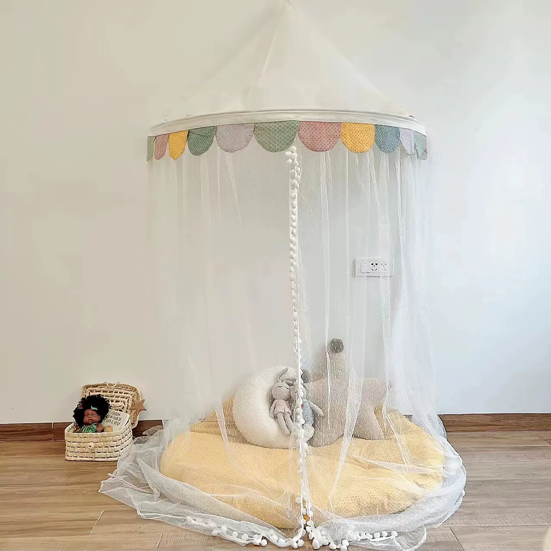 Decoration Wall-Mounted Tent Bedside Canopy Playroom Reading Corner Canopy with Pom Pom, Chiffon, Gauze, Tassels