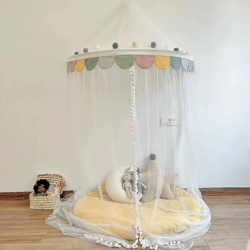 Decoration Wall-Mounted Tent Bedside Canopy Playroom Reading Corner Canopy with Pom Pom, Chiffon, Gauze, Tassels