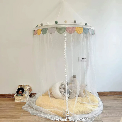 Decoration Wall-Mounted Tent Bedside Canopy Playroom Reading Corner Canopy with Pom Pom, Chiffon, Gauze, Tassels