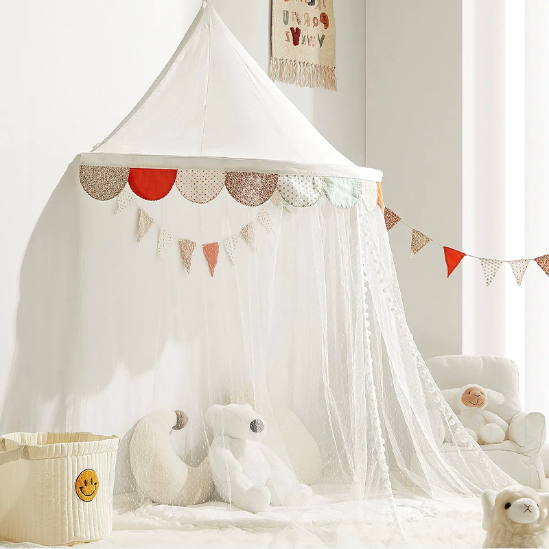 Decoration Wall-Mounted Tent Bedside Canopy Playroom Reading Corner Canopy with Pom Pom, Chiffon, Gauze, Tassels