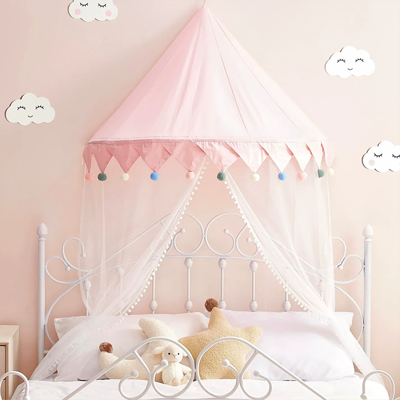 Decoration Wall-Mounted Tent Bedside Canopy Playroom Reading Corner Canopy with Pom Pom, Chiffon, Gauze, Tassels