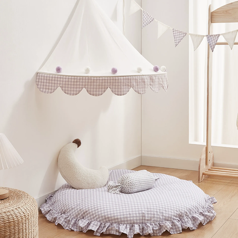 Decoration Wall-Mounted Tent Bedside Canopy Playroom Reading Corner Canopy with Pom Pom, Chiffon, Gauze, Tassels