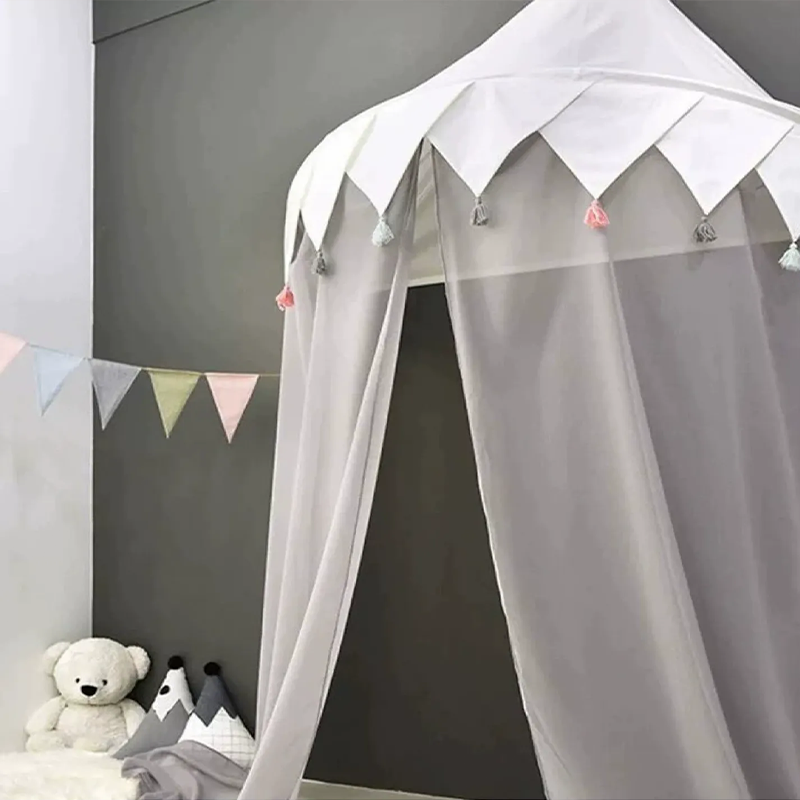 Decoration Wall-Mounted Tent Bedside Canopy Playroom Reading Corner Canopy with Pom Pom, Chiffon, Gauze, Tassels