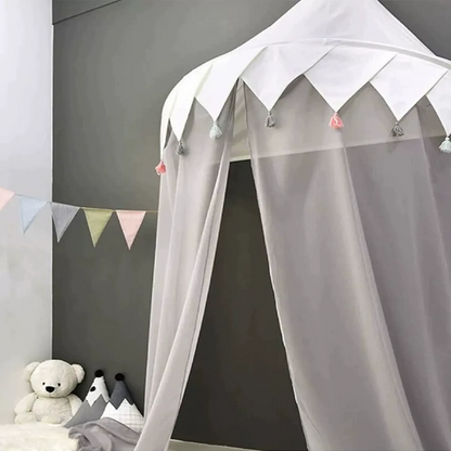 Decoration Wall-Mounted Tent Bedside Canopy Playroom Reading Corner Canopy with Pom Pom, Chiffon, Gauze, Tassels