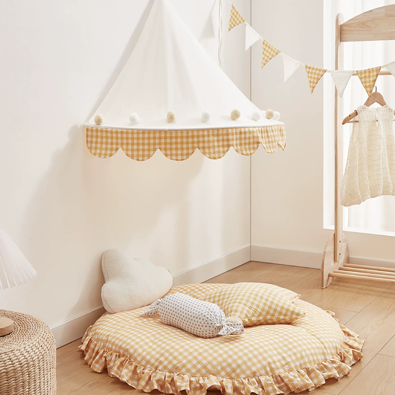 Decoration Wall-Mounted Tent Bedside Canopy Playroom Reading Corner Canopy with Pom Pom, Chiffon, Gauze, Tassels