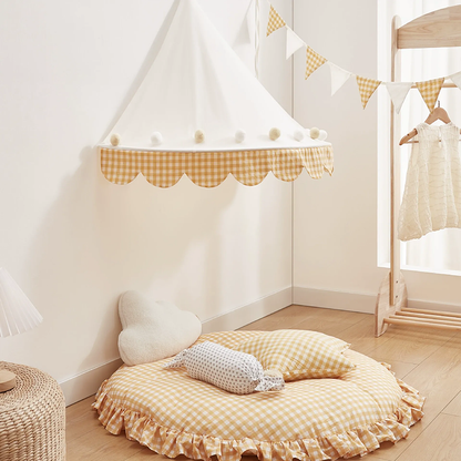 Decoration Wall-Mounted Tent Bedside Canopy Playroom Reading Corner Canopy with Pom Pom, Chiffon, Gauze, Tassels