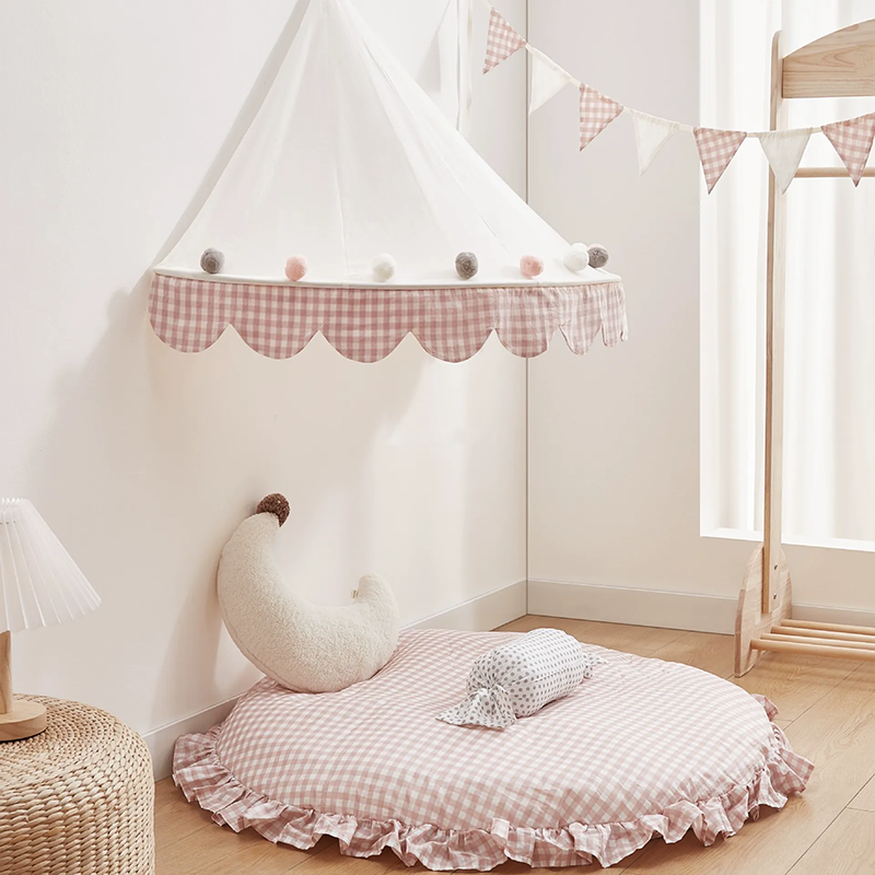 Decoration Wall-Mounted Tent Bedside Canopy Playroom Reading Corner Canopy with Pom Pom, Chiffon, Gauze, Tassels