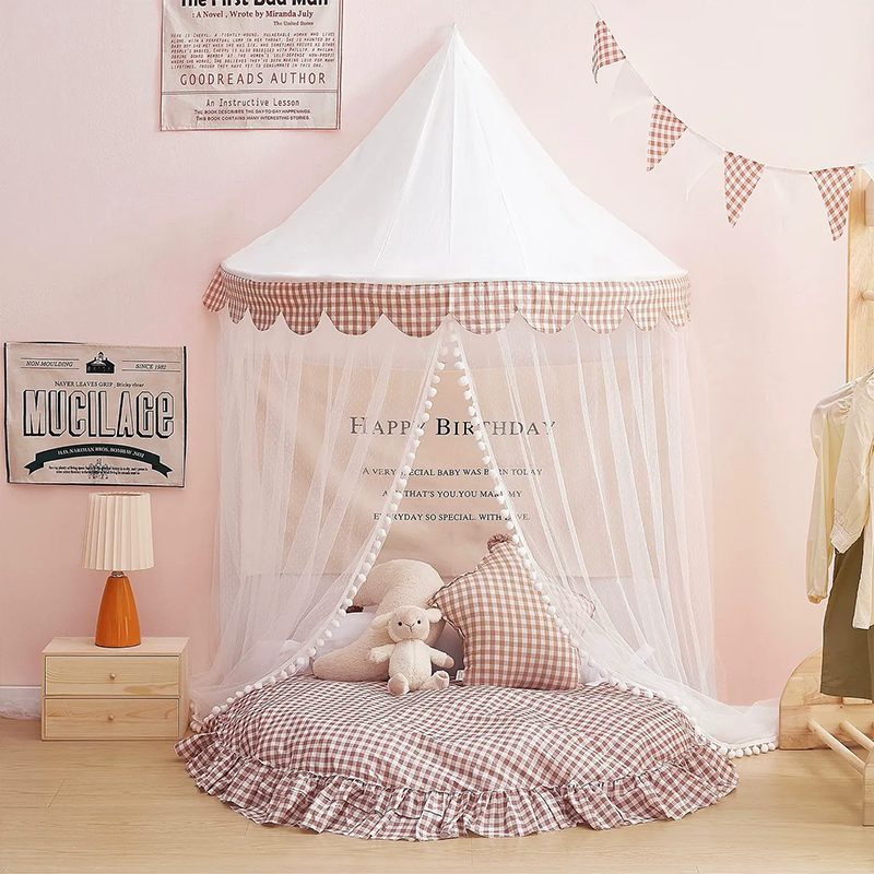 Decoration Wall-Mounted Tent Bedside Canopy Playroom Reading Corner Canopy with Pom Pom, Chiffon, Gauze, Tassels