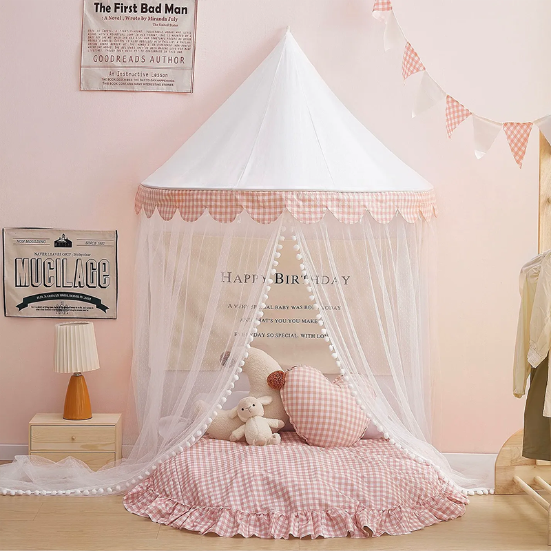 Decoration Wall-Mounted Tent Bedside Canopy Playroom Reading Corner Canopy with Pom Pom, Chiffon, Gauze, Tassels