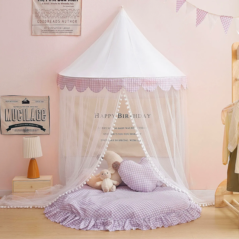 Decoration Wall-Mounted Tent Bedside Canopy Playroom Reading Corner Canopy with Pom Pom, Chiffon, Gauze, Tassels