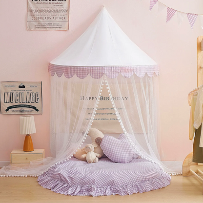 Decoration Wall-Mounted Tent Bedside Canopy Playroom Reading Corner Canopy with Pom Pom, Chiffon, Gauze, Tassels