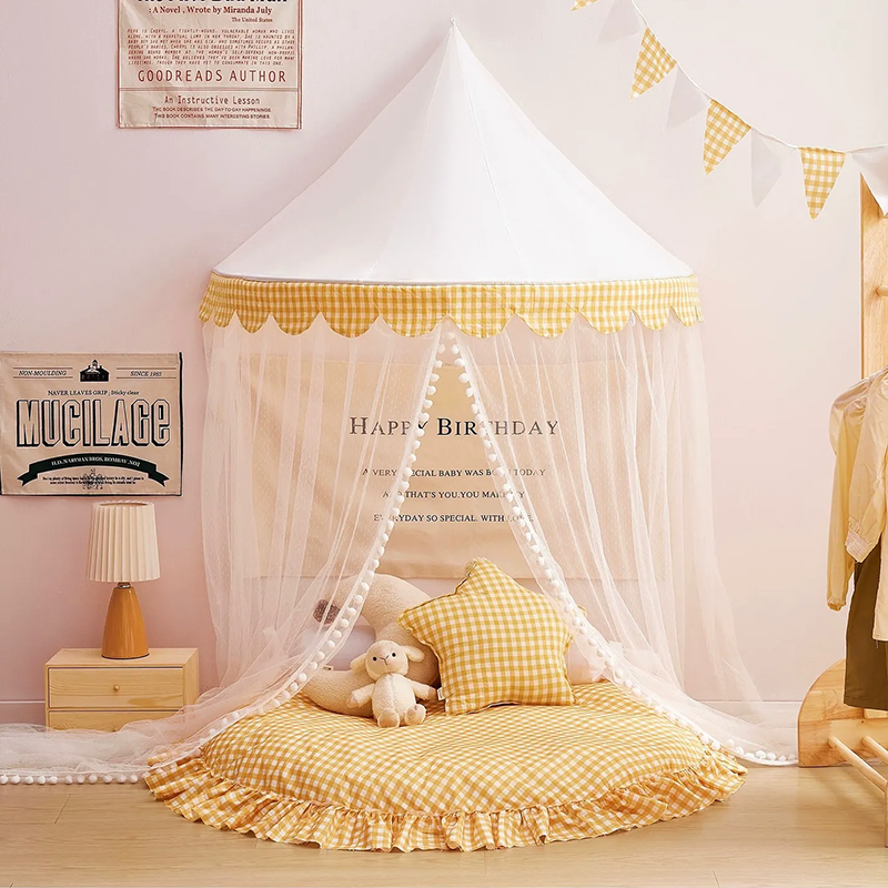 Decoration Wall-Mounted Tent Bedside Canopy Playroom Reading Corner Canopy with Pom Pom, Chiffon, Gauze, Tassels