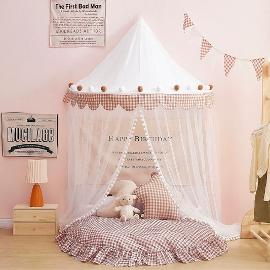 Decoration Wall-Mounted Tent Bedside Canopy Playroom Reading Corner Canopy with Pom Pom, Chiffon, Gauze, Tassels