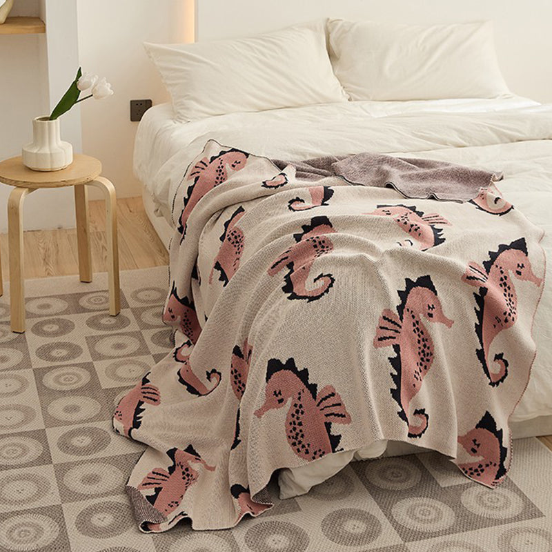 Knitted Wool 100% Cotton Blanket & Pillowcase - Seahorse