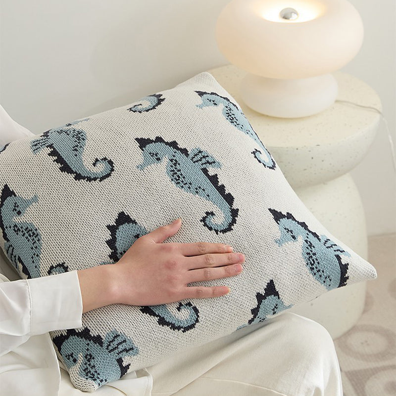 Knitted Wool 100% Cotton Blanket & Pillowcase - Seahorse