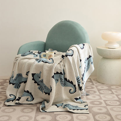 Knitted Wool 100% Cotton Blanket & Pillowcase - Seahorse