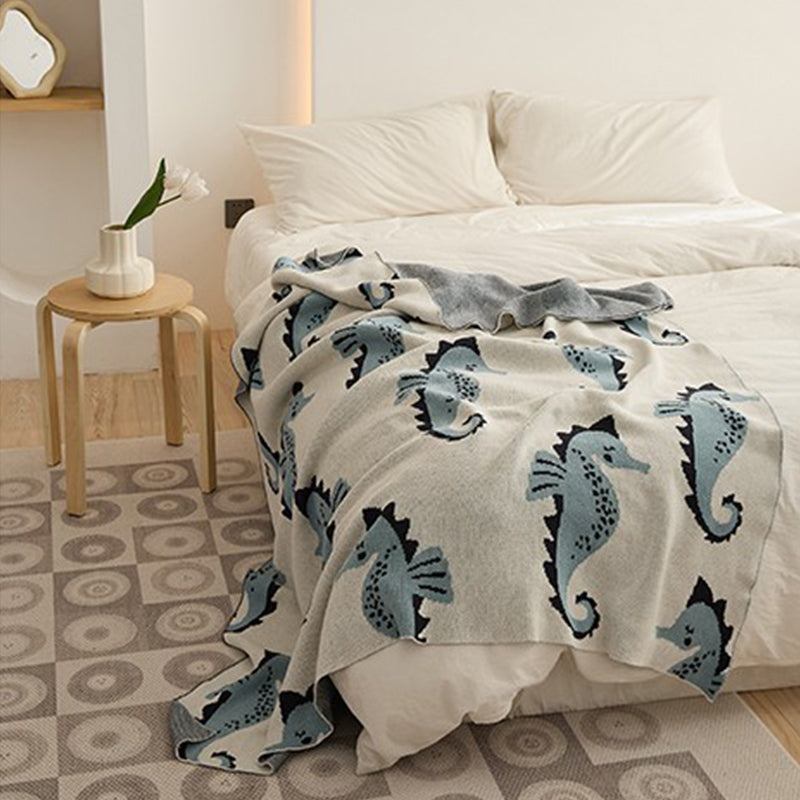 Knitted Wool 100% Cotton Blanket & Pillowcase - Seahorse