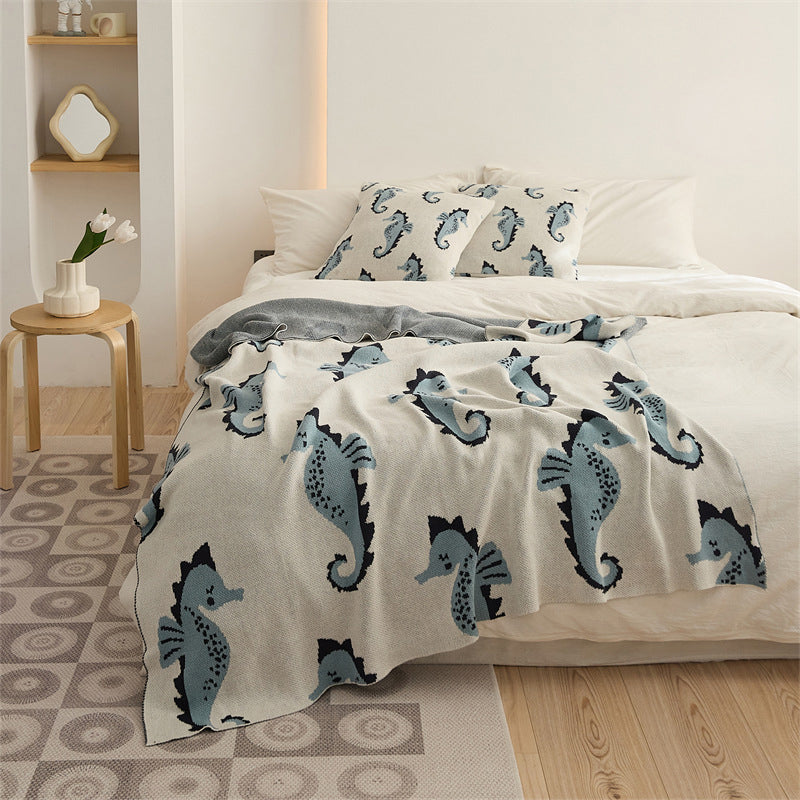 Knitted Wool 100% Cotton Blanket & Pillowcase - Seahorse