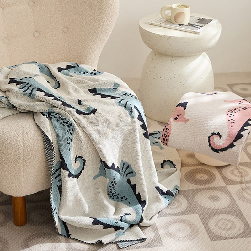 Knitted Wool 100% Cotton Blanket & Pillowcase - Seahorse