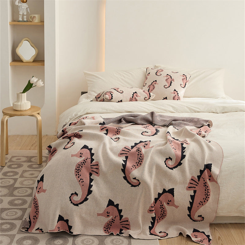 Knitted Wool 100% Cotton Blanket & Pillowcase - Seahorse